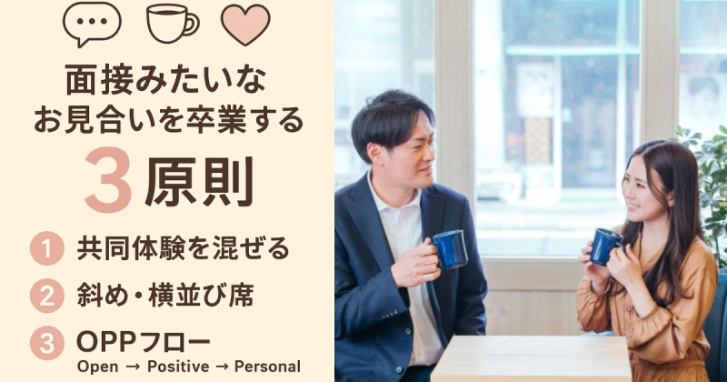 面接みたいなお見合いを卒業する3原則について説明した文章と談所がお見合いでベストポジションでリラックスしてはなししている写真。
